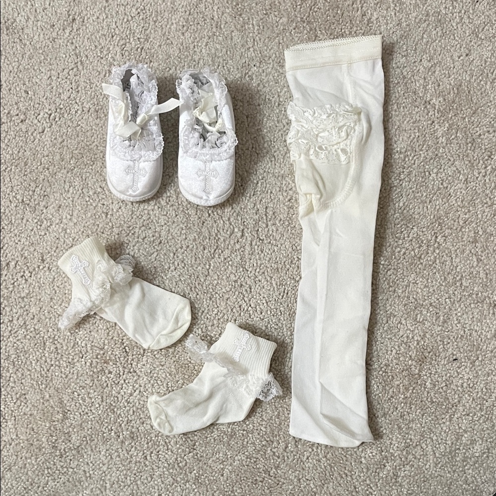 White Baby Christening Shoes with Lace Socks and Tights